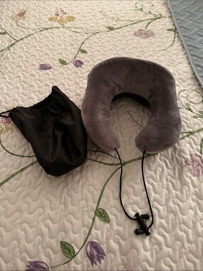 Plush Gray Memory Foam Travel Neck Pillow with Carry Pouch